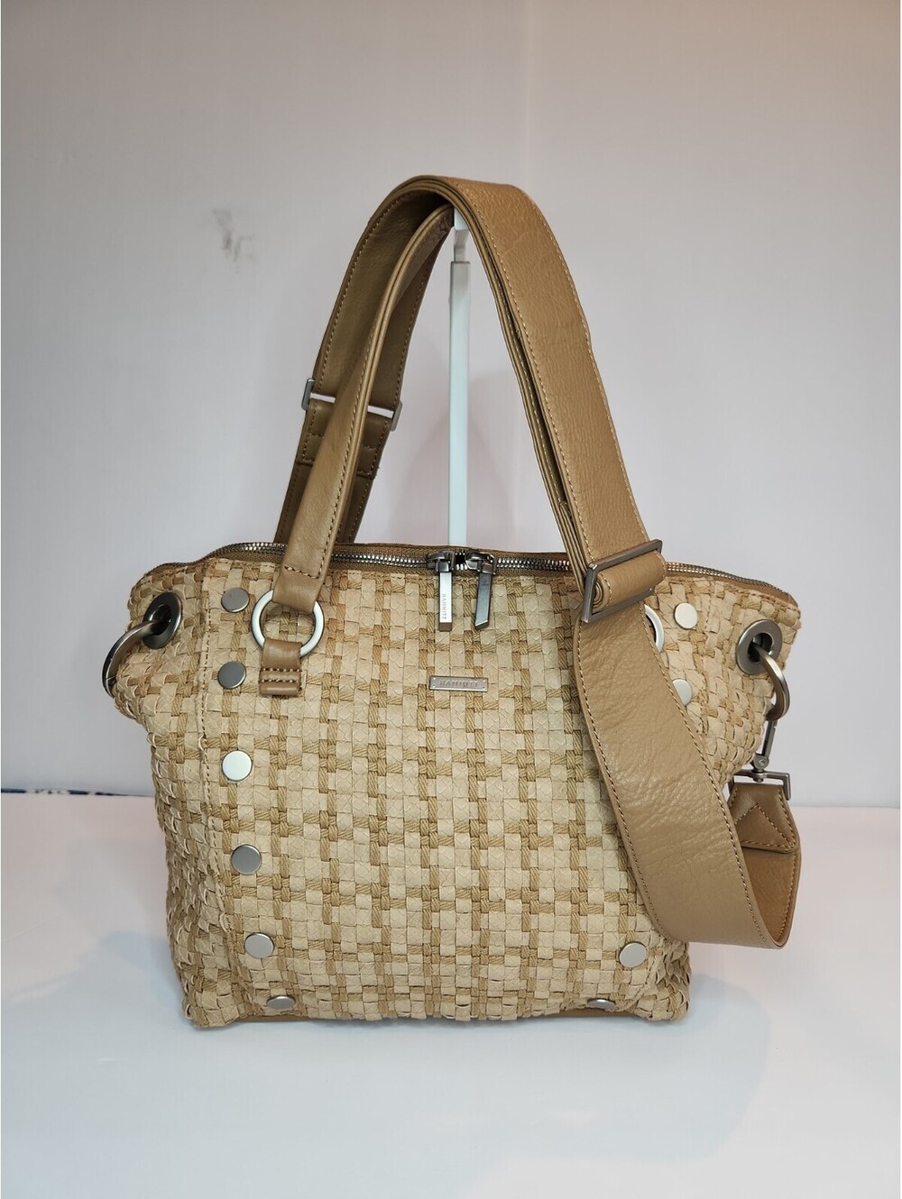 Hammitt Daniel Medium Leather Satchel Crossbod Bag Natural Beige Slvr Woven RARE